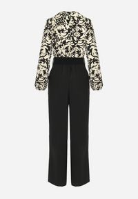 Born2be - Czarno-Beżowy Kombinezon z Paskiem Góra w Print i Trójkątny Dekolt Hamiora. Kolor: czarny. Wzór: nadruk #6