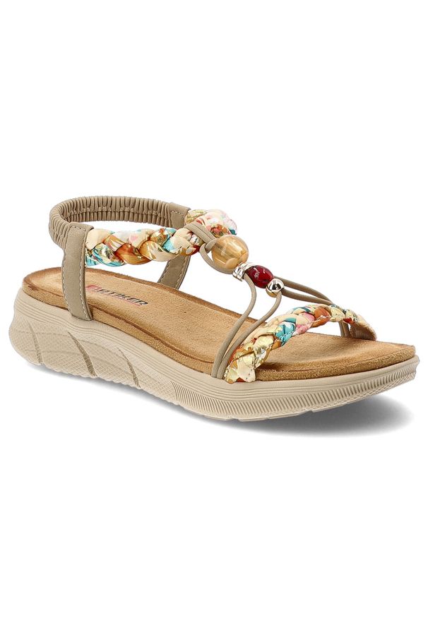 Sandały damskie Artiker, cholewka z materiału eleganckie dodatki na płaskiej podeszwie, beżowe, 58C0001. Okazja: na co dzień. Zapięcie: pasek. Kolor: beżowy. Materiał: materiał. Wzór: paski. Sezon: lato. Obcas: na płaskiej podeszwie. Styl: elegancki