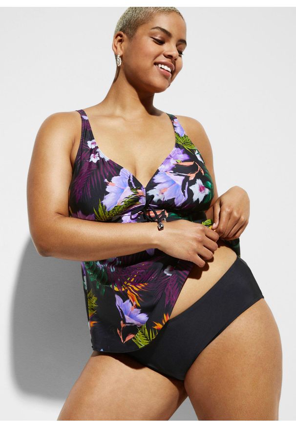bonprix - Tankini z dekoltem w serek (komplet 2 cz.). Typ kołnierza: dekolt w serek. Kolor: czarny. Długość rękawa: na ramiączkach. Długość: długie. Wzór: kwiaty, nadruk