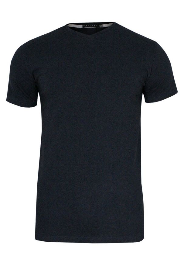 Granatowy Jednokolorowy T-shirt Męski, Krótki Rękaw -Just Yuppi- Koszulka, BASIC, w Serek, V-neck. Okazja: na co dzień. Typ kołnierza: dekolt w serek. Kolor: niebieski. Materiał: bawełna, elastan. Długość rękawa: krótki rękaw. Długość: krótkie. Styl: casual