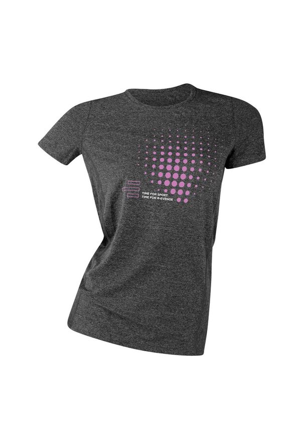 R-EVENGE - Damska koszulka techniczna z krótkim rękawem w kolorze szarym. Kolor: szary. Materiał: poliester, elastan. Długość rękawa: krótki rękaw. Długość: krótkie. Wzór: paski. Sport: bieganie, fitness