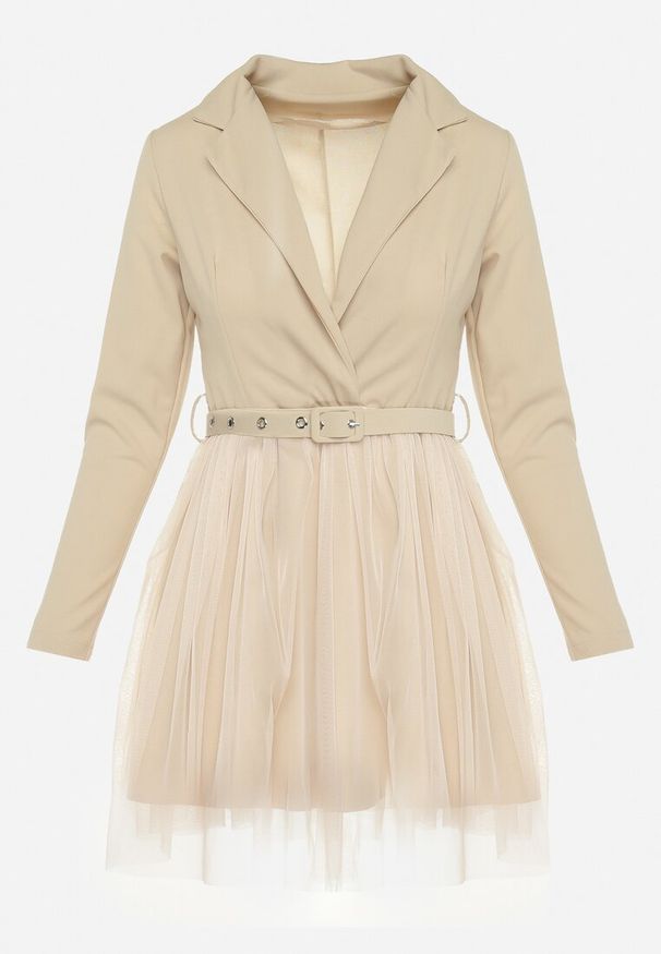 Born2be - Jasnobeżowa Kopertowa Sukienka Mini z Paskiem i Tiulem na Dole Anaida. Kolor: beżowy. Materiał: tiul. Wzór: aplikacja. Typ sukienki: kopertowe. Długość: mini