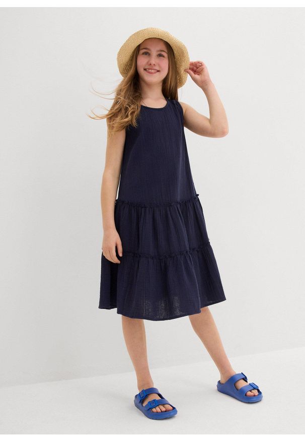 bonprix - Sukienka midi z przewiewnego muślinu. Kolor: niebieski. Materiał: bawełna. Długość rękawa: bez rękawów. Sezon: lato. Typ sukienki: trapezowe. Długość: midi