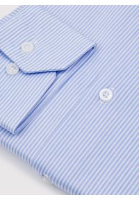 Pako Lorente - PAKO LORENTE - Niebieska koszula w prążek. Typ kołnierza: kołnierzyk włoski. Kolor: niebieski. Materiał: dzianina, poliester, bawełna. Długość rękawa: długi rękaw. Długość: długie. Wzór: prążki #2