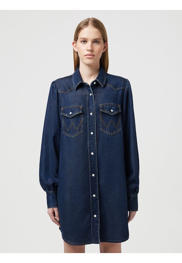Wrangler - WRANGLER DAMSKA SUKIENKA JEANSOWA WRANGLER BALLOONSLEEVE SHIRT DRESS RINSE 112350339. Materiał: jeans