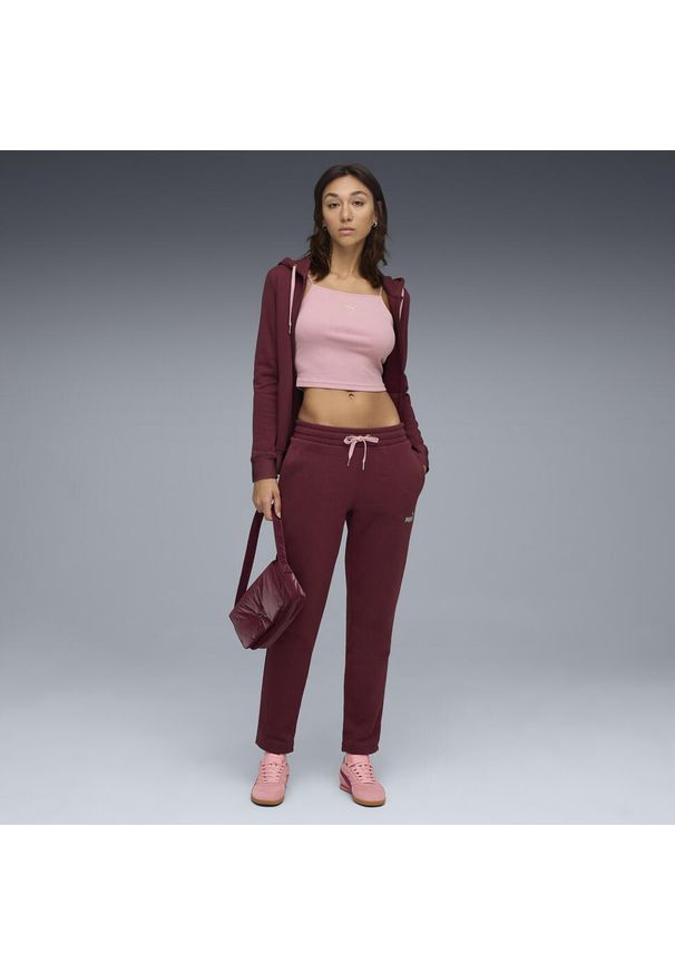 Puma - Damski dres z kapturem i metalicznym wykończeniem PUMA. Kolor: czerwony. Materiał: dresówka. Wzór: aplikacja. Sport: fitness