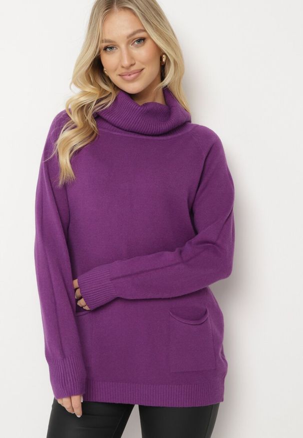 Born2be - Fioletowy Golf z Wiskozą Zdobiony Wsuwanymi Kieszonkami Viaela. Okazja: na co dzień. Typ kołnierza: golf. Kolekcja: plus size. Kolor: fioletowy. Długość: długie. Wzór: aplikacja. Materiał: wiskoza. Długość rękawa: długi rękaw. Styl: elegancki, casual