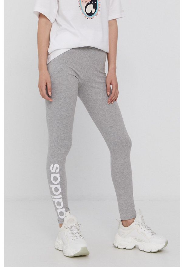 Adidas - adidas - Legginsy. Stan: podwyższony. Kolor: szary. Materiał: bawełna, dzianina. Wzór: melanż, nadruk