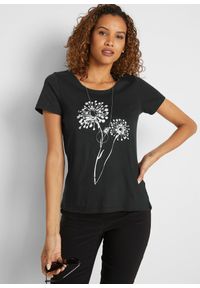 bonprix - T-shirt. Kolor: czarny. Wzór: nadruk, kwiaty