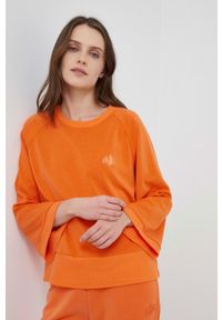 Armani Exchange bluza damska kolor pomarańczowy gładka. Kolor: pomarańczowy. Materiał: dzianina. Długość rękawa: długi rękaw. Długość: długie. Wzór: gładki