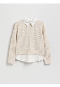 Reserved - Sweter z imitacją koszuli - kremowy. Kolor: kremowy. Materiał: dzianina #1
