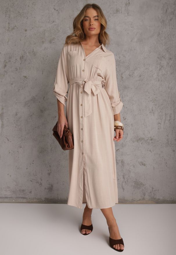 Renee - Beżowa Koszulowa Sukienka z Bawełny z Wiązanym Paskiem i Podpinanymi Rękawami Cesela. Okazja: na co dzień. Kolor: beżowy. Materiał: bawełna. Typ sukienki: koszulowe. Styl: boho, casual