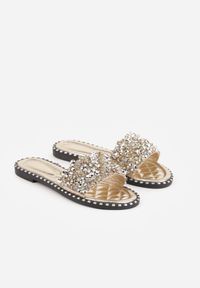 Born2be - Złote Eleganckie Klapki z Biżuteryjnymi Aplikacjami Erannia. Okazja: na co dzień. Kolor: złoty. Materiał: len. Wzór: aplikacja. Sezon: lato. Styl: elegancki #3