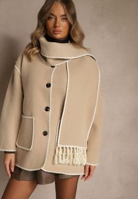Renee - Beżowa Kurtka Oversize z Szalikiem i Ozdobnymi Przeszyciami Claritila. Okazja: na co dzień. Kolor: beżowy. Materiał: jeans. Styl: casual #5