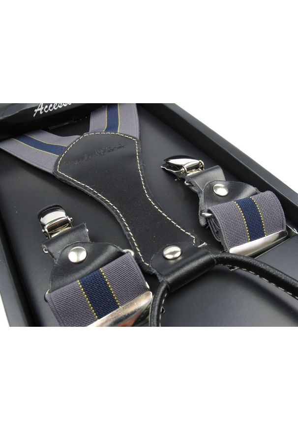 Modini - Szare szelki męskie z granatowym paskiem SZ32. Kolor: szary, wielokolorowy, niebieski. Materiał: skóra, guma. Wzór: prążki