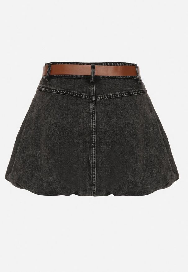 Born2be - Czarna Spódnica Jeansowa z Bawełny o Fasonie Bombki z Paskiem Lorinda. Okazja: na co dzień. Kolor: czarny. Materiał: bawełna, jeans. Styl: elegancki, casual
