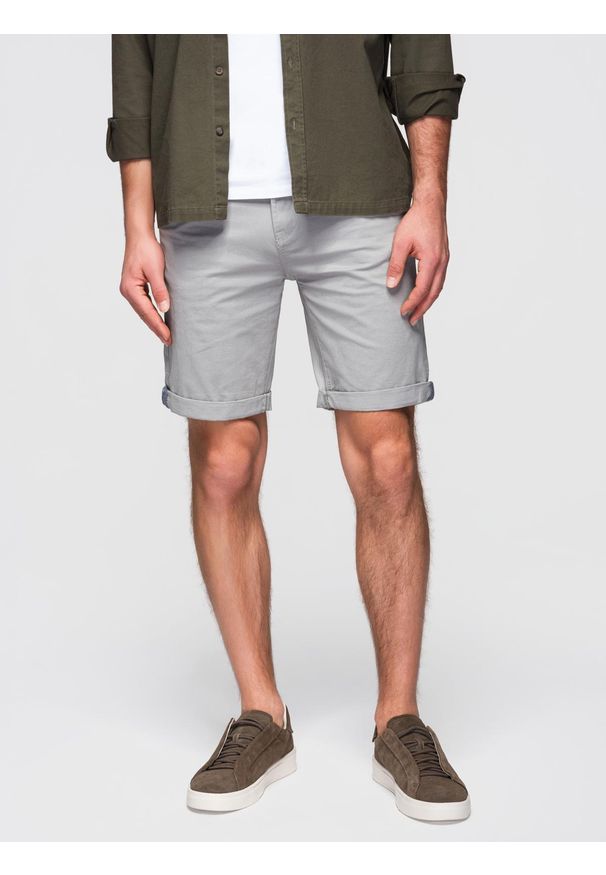 Ombre Clothing - Szorty klasyczne męskie chino z podwiniętą nogawką - szare V12 - Rozmiar: M. Okazja: na co dzień. Kolor: szary. Materiał: tkanina, materiał, bawełna, elastan. Sezon: lato. Styl: klasyczny