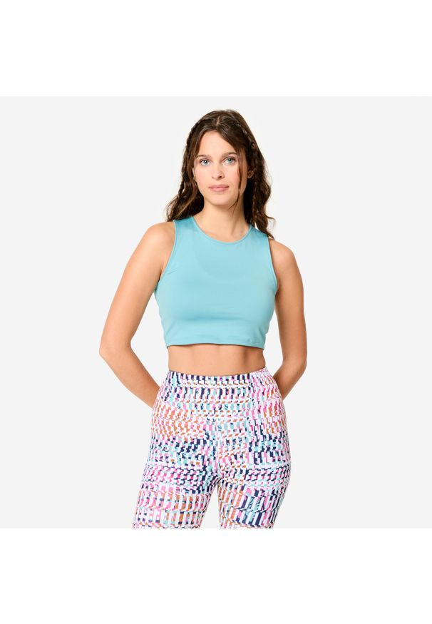 DOMYOS - Koszulka fitness damska Domyos bez rękawów crop top. Kolor: niebieski. Materiał: materiał, poliester, elastan. Długość rękawa: bez rękawów. Sport: fitness
