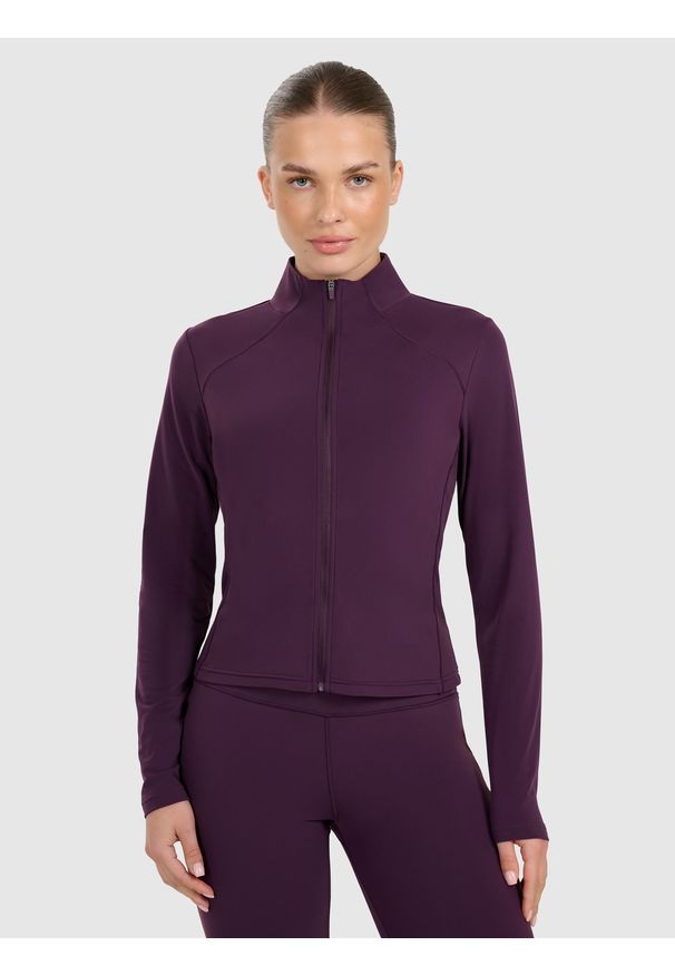 4f - 4F Bluza rozpinana bez kaptura damska - fioletowa M. Okazja: na co dzień. Typ kołnierza: bez kaptura. Kolor: fioletowy. Materiał: materiał, syntetyk. Długość rękawa: raglanowy rękaw. Wzór: gładki. Styl: casual, klasyczny