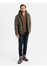 Ombre Clothing - Męska kurtka casualowa puffer z wełną – ciemnooliwkowy melanż V4 - Rozmiar: M. Okazja: na co dzień. Typ kołnierza: kołnierzyk stójkowy. Kolor: oliwkowy. Materiał: wełna. Długość: długie. Wzór: melanż. Styl: casual #7