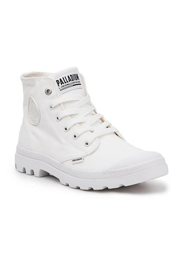 Buty do chodzenia męskie Palladium Pampa HI. Wysokość cholewki: za kostkę. Zapięcie: sznurówki. Kolor: biały. Materiał: materiał, syntetyk. Szerokość cholewki: normalna. Sport: turystyka piesza