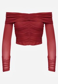 Renee - Bordowa Drapowana Bluzka VICES z Odkrytymi Ramionami i Siateczkowymi Rękawami Atevite. Okazja: na co dzień. Kolor: czerwony. Materiał: jeans. Styl: casual #4