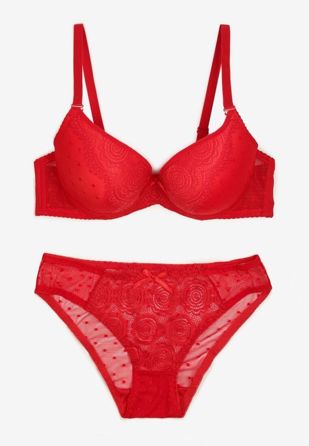 Born2be - Czerwony Koronkowy Komplet Biustonosz i Figi Ozdobione Kokardą Iririth. Kolor: czerwony. Materiał: koronka. Wzór: aplikacja