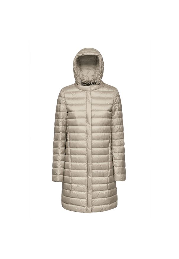 Damska kurtka z kapturem zapinana na zamek Geox Jaysen. Typ kołnierza: kaptur. Kolor: beżowy, wielokolorowy, biały. Materiał: puch