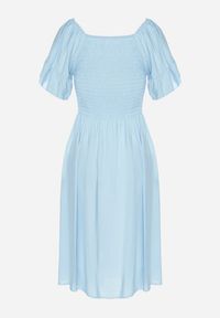 Born2be - Jasnoniebieska Rozkloszowana Sukienka Bawełniana z Bufiastymi Rękawami i Elastyczną Górą Veliova. Okazja: na co dzień. Kolor: niebieski. Materiał: bawełna. Styl: casual, elegancki #2