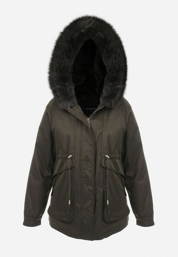 Born2be - Ciemnozielona Kurtka Nylonowa Parka z Odpinanym Futerkiem Beaten. Kolor: zielony. Materiał: nylon, futro. Wzór: paski, aplikacja