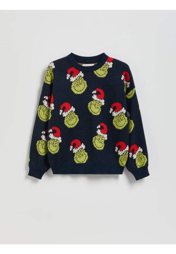 Reserved - Świąteczny sweter Grinch - granatowy. Kolor: niebieski. Materiał: dzianina, wiskoza. Styl: wizytowy