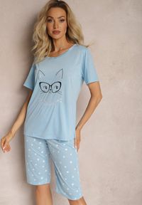 Renee - Niebieski Komplet Piżamowy z Bawełny T-shirt z Nadrukiem i Kolarki Babiora. Kolor: niebieski. Materiał: bawełna. Wzór: nadruk