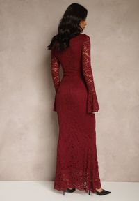 Renee - Bordowa Dopasowana Sukienka Zdobiona Koronką z Rozszerzanym Dołem Hannalis. Okazja: na imprezę. Kolor: czerwony. Materiał: koronka. Wzór: koronka, aplikacja. Typ sukienki: dopasowane. Styl: elegancki #5