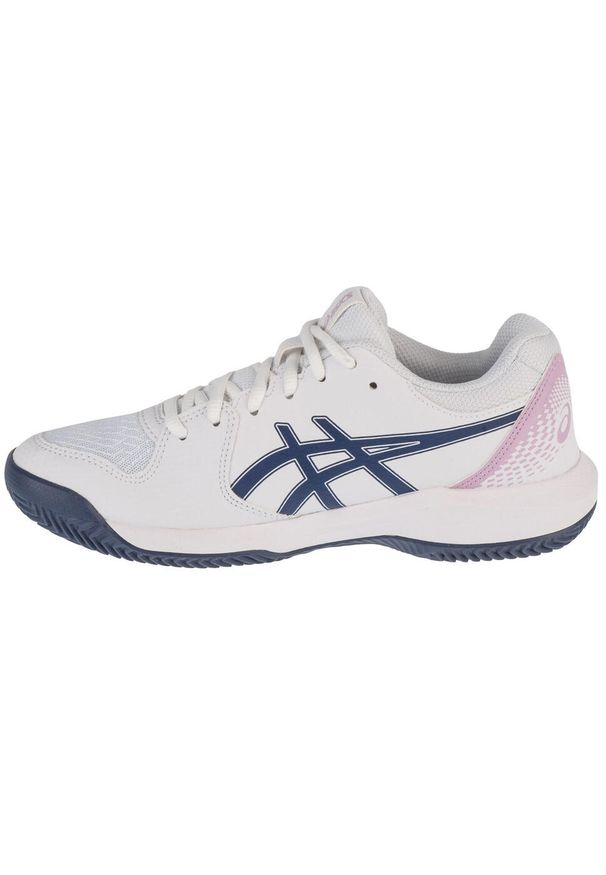 Buty do tenisa damskie Asics Gel Dedicate 8. Kolor: biały, wielokolorowy, niebieski. Materiał: materiał, syntetyk. Szerokość cholewki: normalna. Sport: tenis