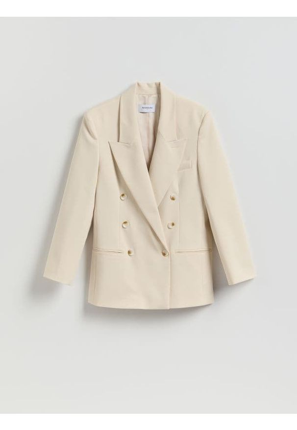 Reserved - Dwurzędowa marynarka oversize - beżowy. Kolor: beżowy. Materiał: tkanina, wiskoza