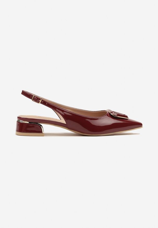 Renee - Bordowe Sandały Vices Typu Slingback na Niskim Obcasie ze Skórzaną Wkładką Geometryczną Ozdobą Lilienia. Zapięcie: sprzączka. Kolor: czerwony. Materiał: skóra. Wzór: aplikacja, geometria. Obcas: na obcasie. Styl: elegancki. Wysokość obcasa: niski