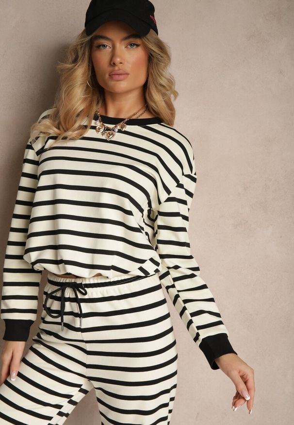 Renee - Czarna Bluza z Bawełny z Motywem Pasków i Ściągaczem Fenarel. Okazja: na co dzień. Kolor: czarny. Materiał: bawełna. Długość rękawa: długi rękaw. Długość: długie. Styl: klasyczny, elegancki, casual