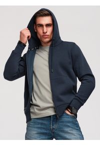 Ombre Clothing - Rozpinana męska bluza dresowa BASIC – granatowa V1 - Rozmiar: XXL. Okazja: na co dzień, na spacer. Typ kołnierza: kaptur. Kolor: niebieski. Materiał: dresówka. Wzór: aplikacja. Styl: casual