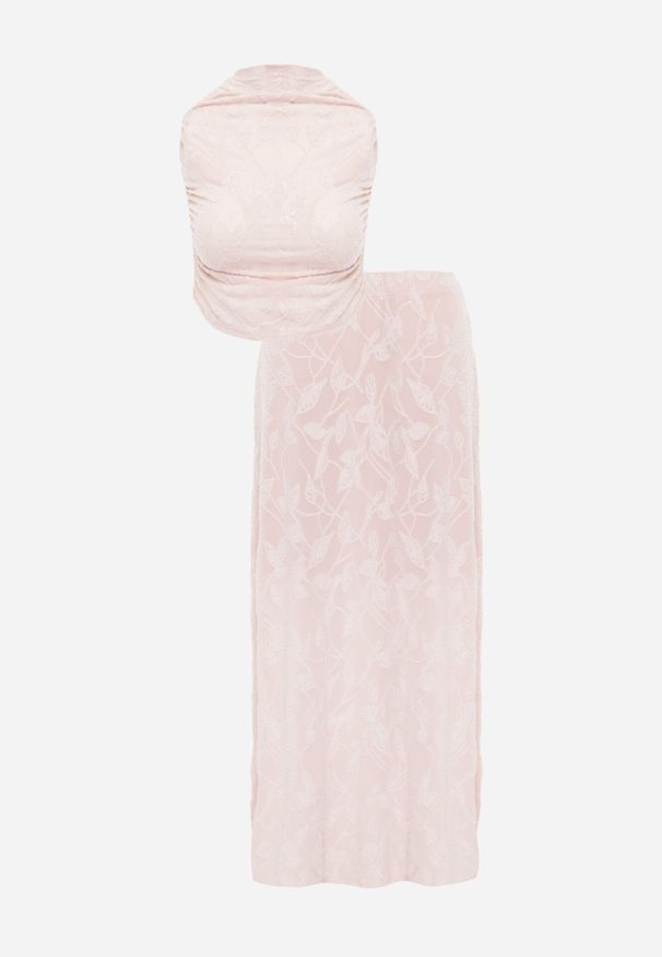 Born2be - Różowy Letni Komplet z Domieszką Wiskozy Bluzka z Wiązaniem z Tyłu i Spódnica Mairir. Kolor: różowy. Materiał: wiskoza