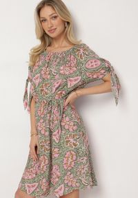 Born2be - Różowa Sukienka z Bawełny z Okrągłym Dekoltem i Wiązaniem w Pasie Tosaria. Okazja: na co dzień. Kolor: różowy. Materiał: bawełna. Sezon: lato. Styl: casual, elegancki #1