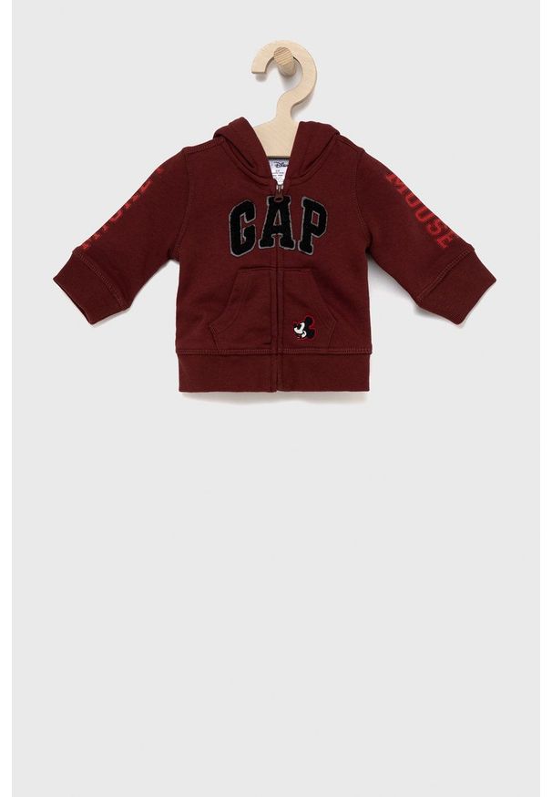 GAP Bluza dziecięca x Disney kolor bordowy z kapturem z aplikacją. Okazja: na co dzień. Typ kołnierza: kaptur. Kolor: czerwony. Materiał: dzianina, poliester. Wzór: aplikacja, motyw z bajki. Styl: casual