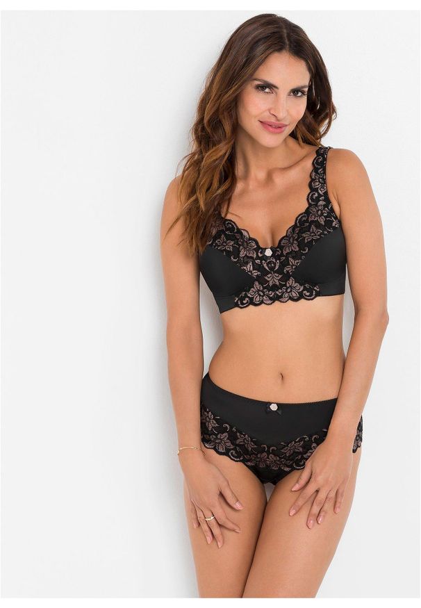 bonprix - Figi maxi z delikatną koronką. Kolor: czarny. Materiał: poliamid, koronka. Wzór: koronka