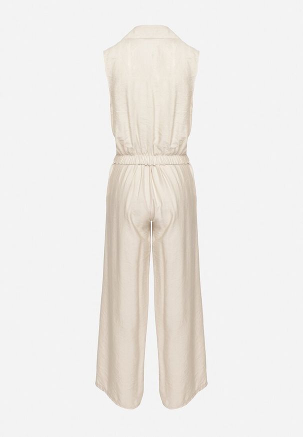 Born2be - Beżowy Wiskozowy Komplet Krótka Bluzka na Guziki Szerokie Spodnie z Gumką w Talii Rissanama. Kolor: beżowy. Materiał: wiskoza