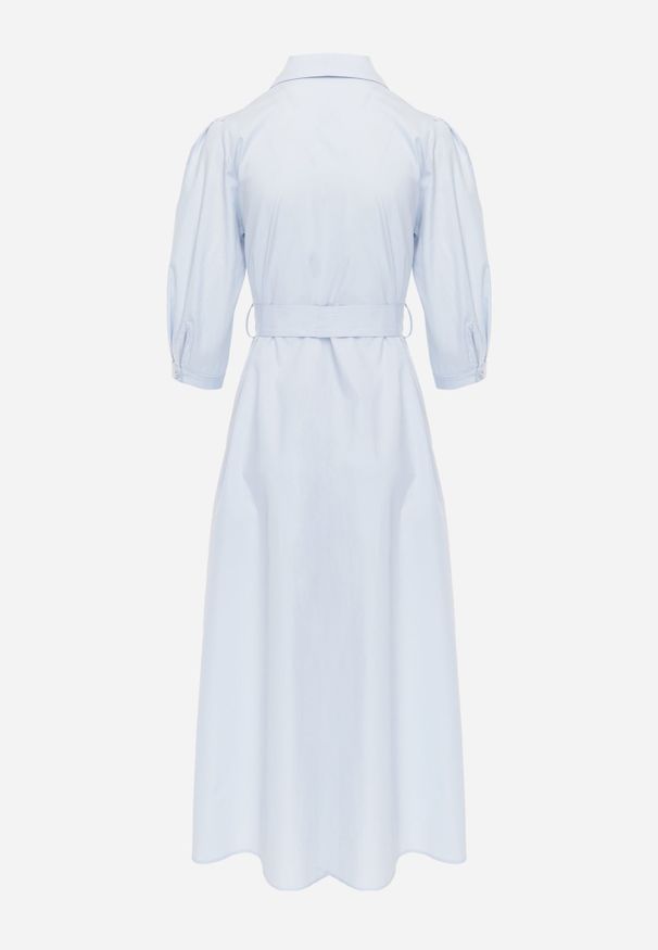 Renee - Niebieska Bawełniana Sukienka Koszulowa w Stylu Retro z Wiązanym Paskiem Meresa. Okazja: na randkę. Kolor: niebieski. Materiał: bawełna. Sezon: lato. Typ sukienki: koszulowe. Styl: retro