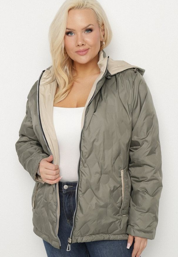 Born2be - Zielona Kurtka Dwustronna z Odpinanym Kapturem Frolbia. Okazja: na co dzień. Kolor: zielony. Materiał: jeans. Wzór: gładki. Styl: casual, elegancki, klasyczny