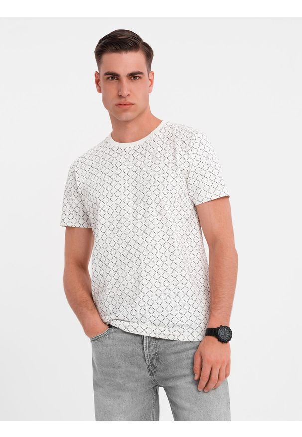 Ombre Clothing - Męska koszulka dzianinowa z nadrukiem full print – biała V3. Okazja: na co dzień. Kolor: biały. Materiał: dzianina. Długość rękawa: krótki rękaw. Długość: krótkie. Wzór: nadruk. Styl: klasyczny, casual