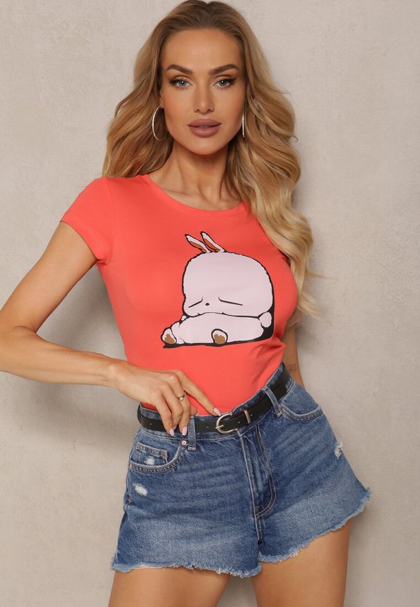 Renee - Pomarańczowy T-shirt z Bawełny z Ozdobnym Nadrukiem Janesto. Kolor: pomarańczowy. Materiał: bawełna. Wzór: nadruk. Sezon: lato