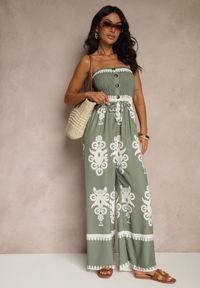 Renee - Ciemnobeżowy Kombinezon Bandeau Ozdobiony Ornamentnym Motywem i Guzikami Liravessa. Okazja: na co dzień. Kolor: beżowy. Wzór: aplikacja. Styl: elegancki, casual #5