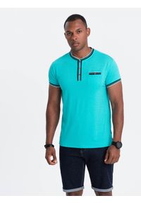 Ombre Clothing - T-shirt męski henley ozdobnymi ściągaczami - turkusowy V7 OM-TSCT-0175 - XXL. Okazja: na co dzień. Typ kołnierza: typu henley. Kolor: turkusowy. Materiał: jedwab, żakard, wiskoza, poliester, materiał, elastan. Wzór: aplikacja, paski, kolorowy. Styl: klasyczny, casual #8
