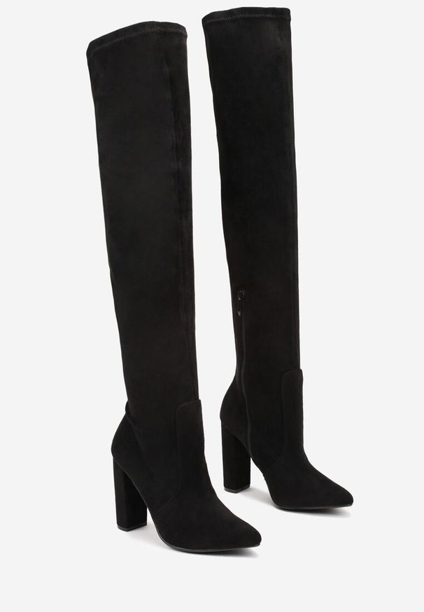 Born2be - Czarne Kozaki za Kolano na Słupku z Noskiem w Szpic Glamer. Wysokość cholewki: za kolano. Kolor: czarny. Obcas: na słupku